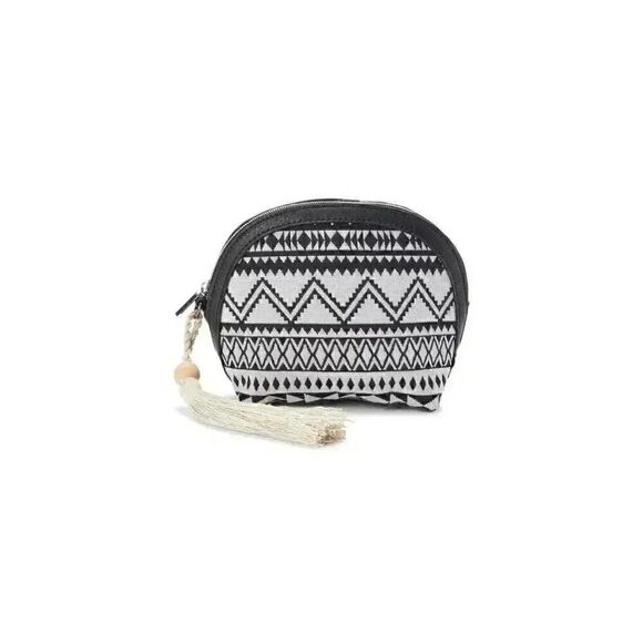 Time & Tru Cream/Black Woven Wristlet Bag EUC 6""w x 6""h x 2.5 d" - Picture 1 of 7